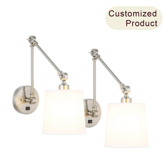Set of 2 Modern Brushed Nickel Swing Arm Wall Sconce with Fabric Shade XB-W1274-BN