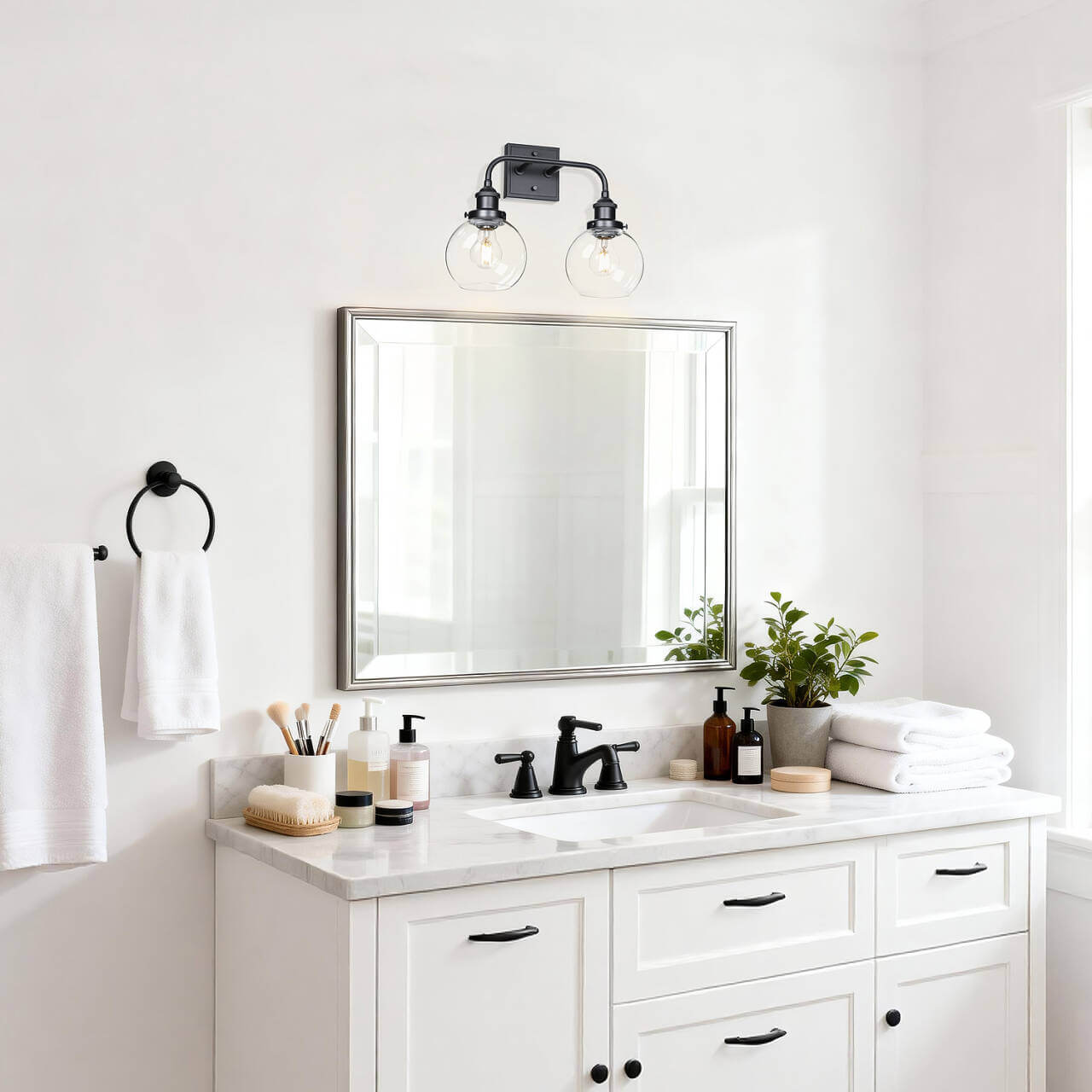 Modern Matte Black 2-Light Bathroom Vanity Fixture with Globe Glass Shades XB-W1275-2-MB