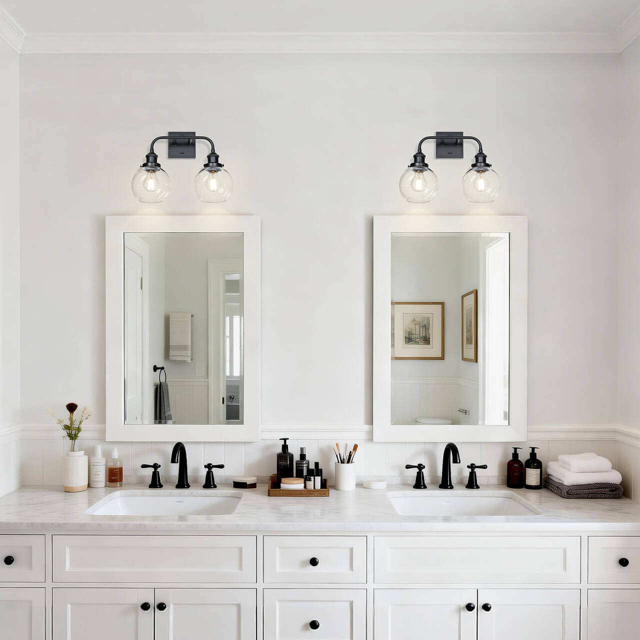 Modern Matte Black 2-Light Bathroom Vanity Fixture with Globe Glass Shades XB-W1275-2-MB