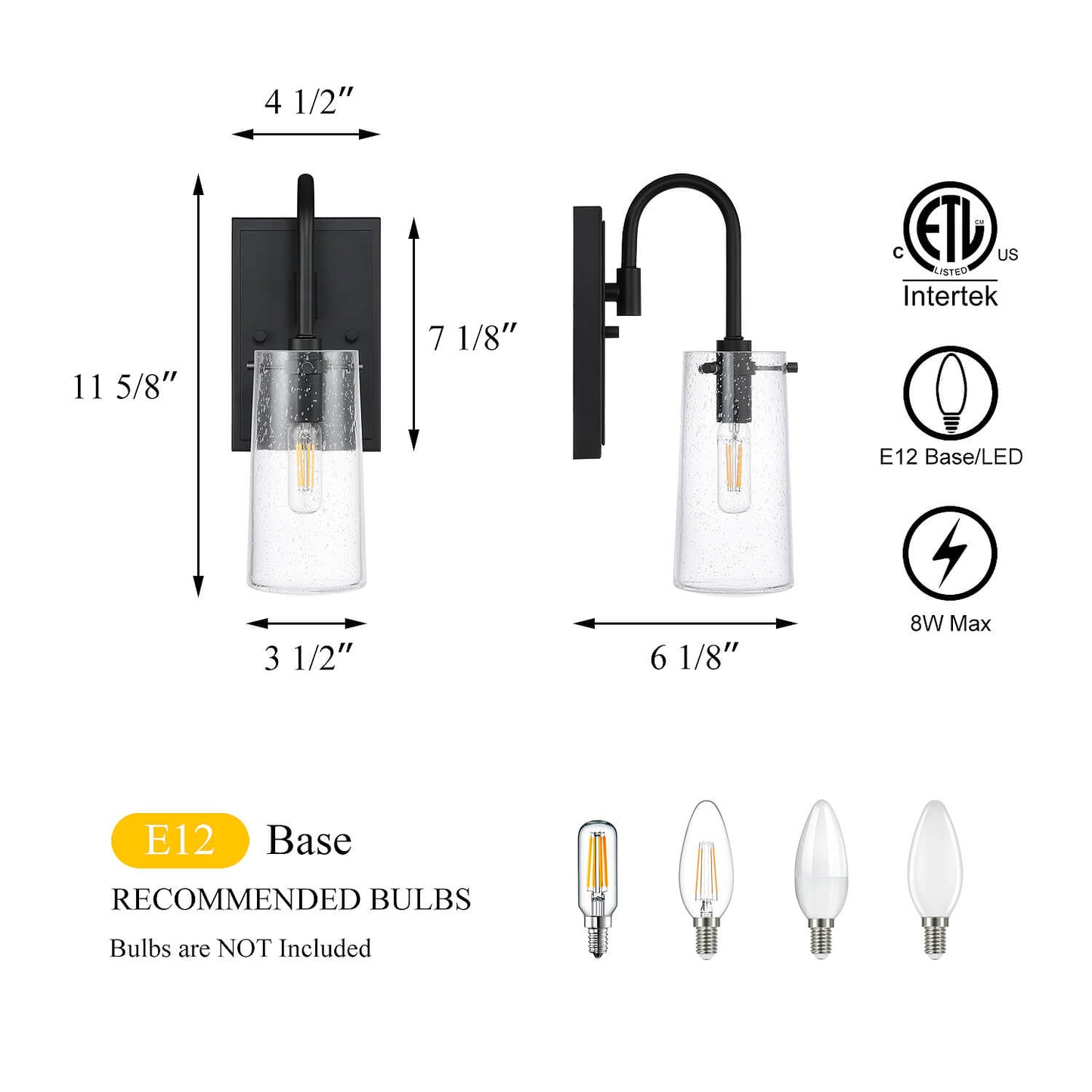 Industrial Black 1 Light Vanity Sconce Light with Seeded Glass XB-W1283-1-MB