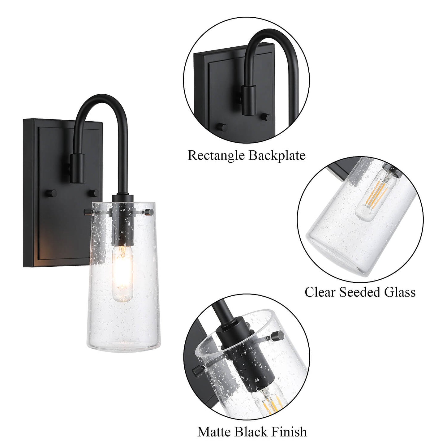 Industrial Black 1 Light Vanity Sconce Light with Seeded Glass XB-W1283-1-MB