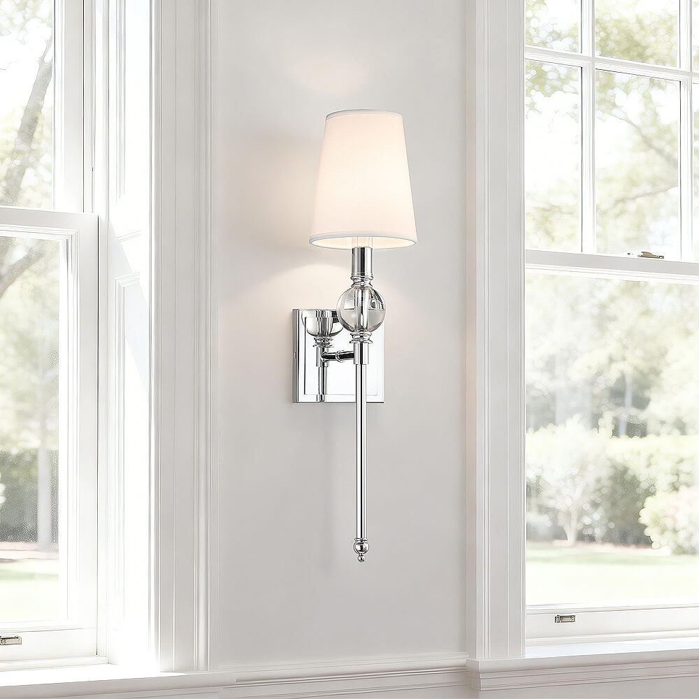 Set of 2 Modern Wall Sconce, Crystal Ball Accent, Fabric Shade, Chrome Finish XB-W1313-CH