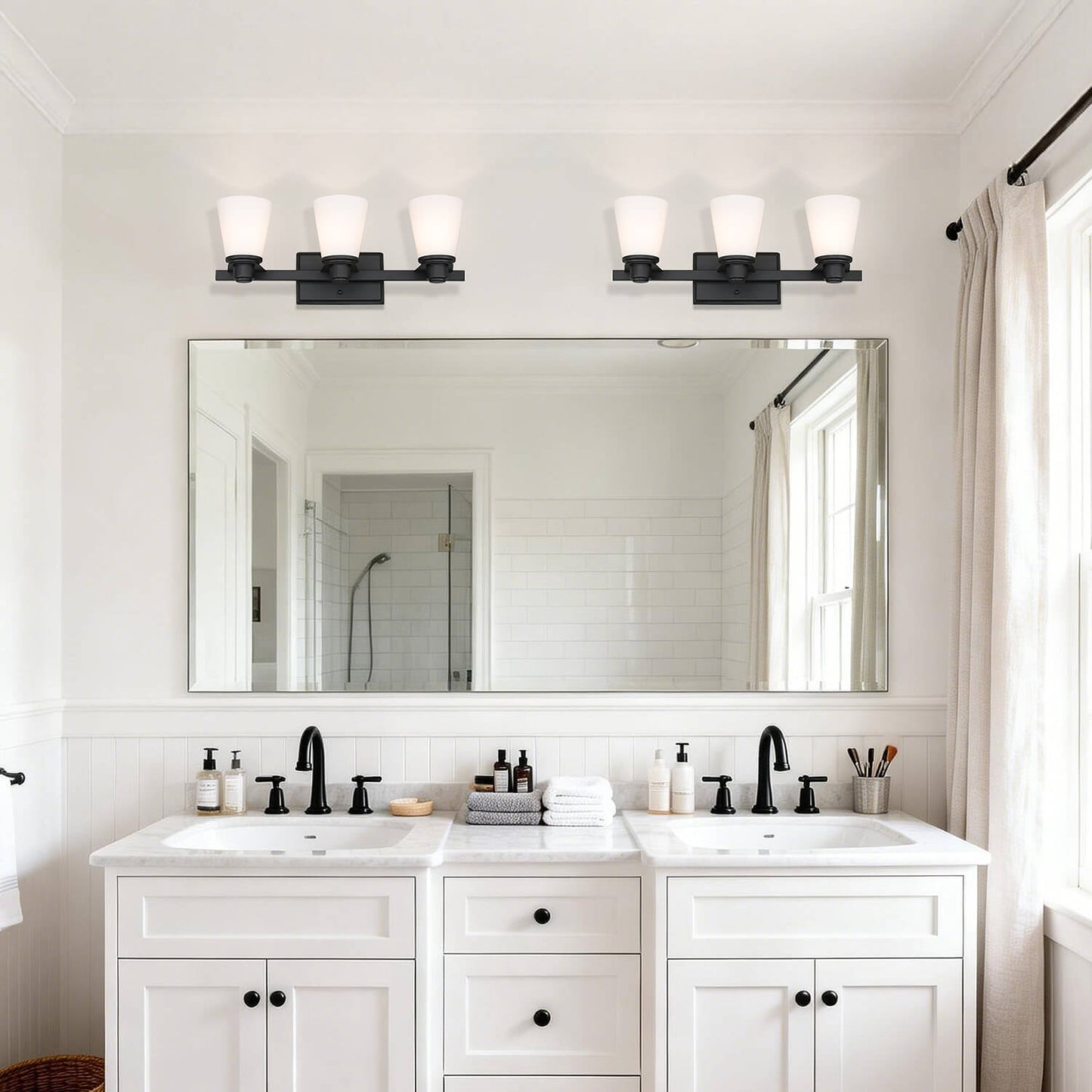 Matte Black Vanity Light with White Glass Shade 3-Light Bathroom Sconce XB-W220-3-MB