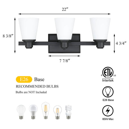 Matte Black Vanity Light with White Glass Shade 3-Light Bathroom Sconce XB-W220-3-MB