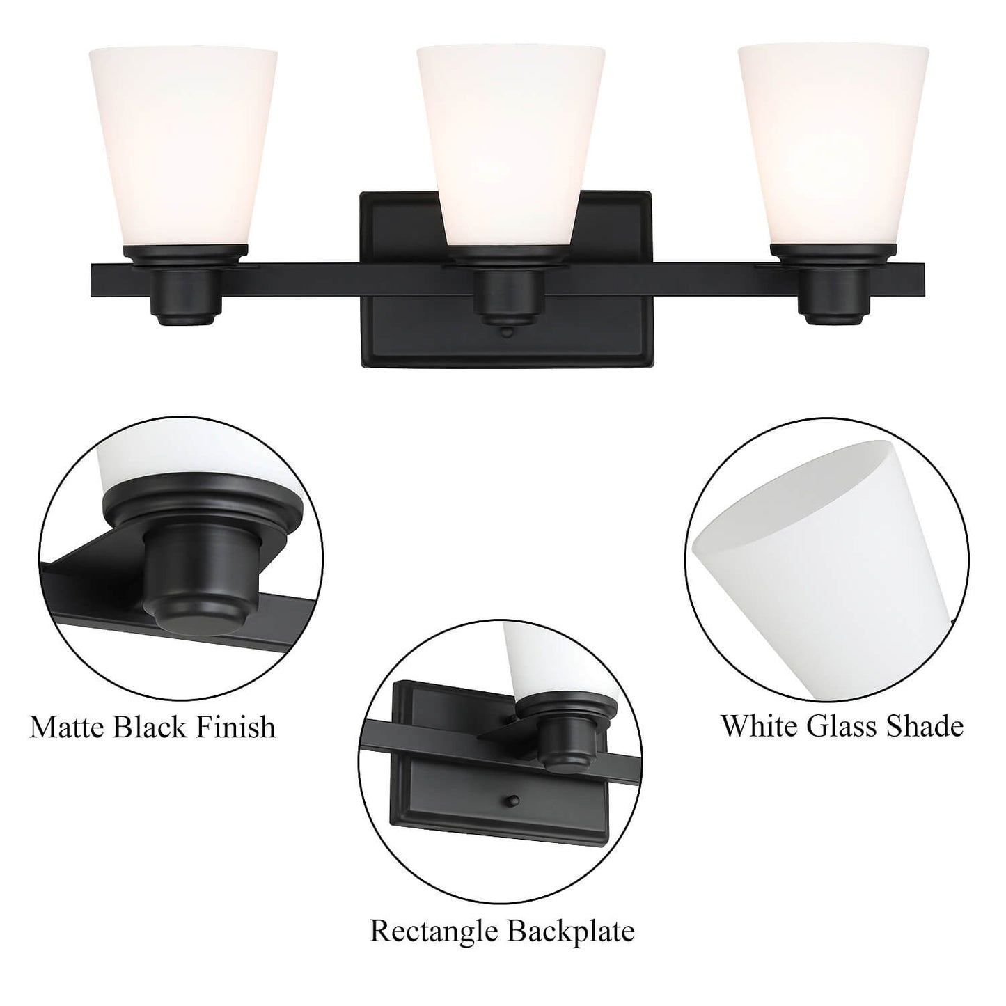 Matte Black Vanity Light with White Glass Shade 3-Light Bathroom Sconce XB-W220-3-MB