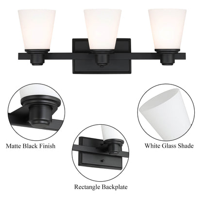 Matte Black Vanity Light with White Glass Shade 3-Light Bathroom Sconce XB-W220-3-MB