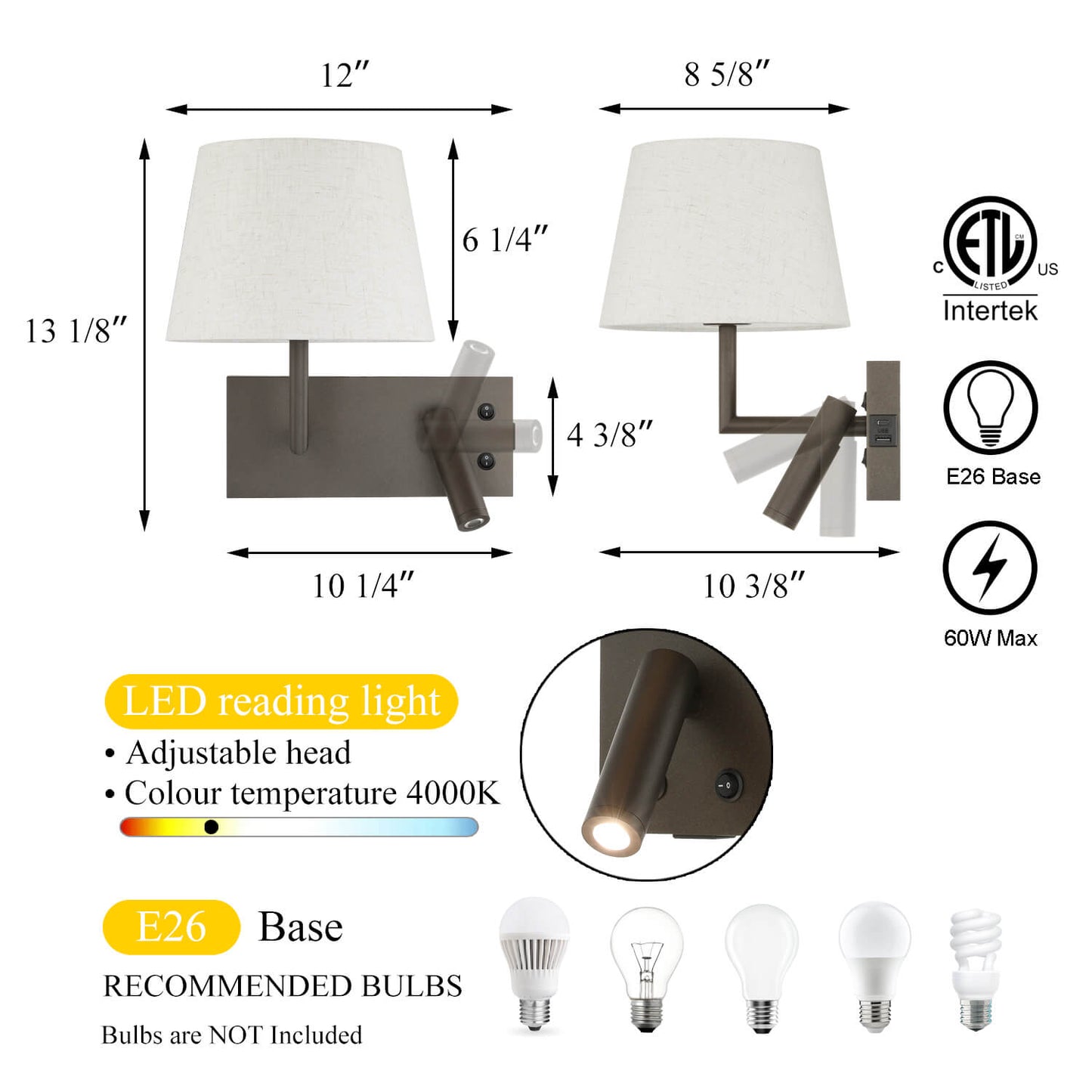 Rotatable Wall Sconce with LED Reading Light and USB Port, Switch and Linen Shade XB-W462-LED-DB