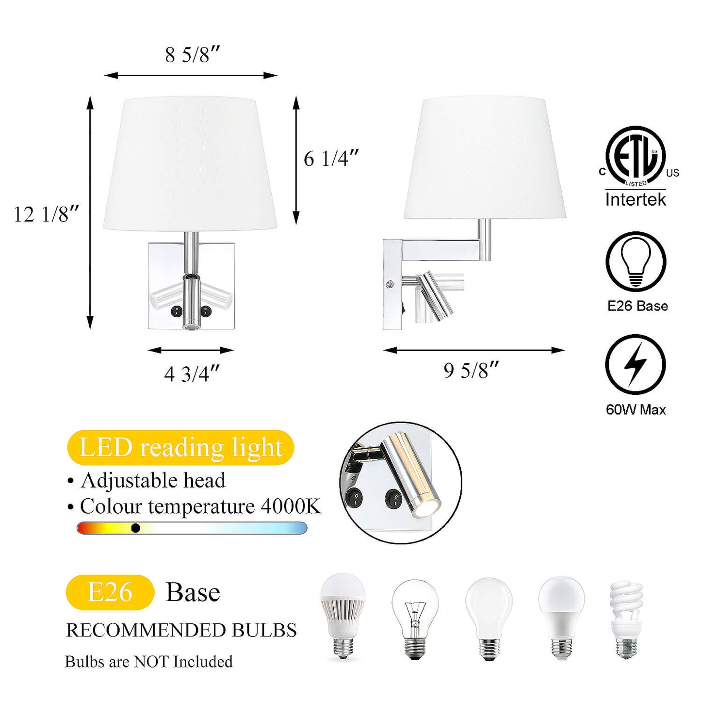 Hardwired Wall Sconce with LED Reading Light, Chrome | Bedroom Wall Lamp XB-W468-LED-CH