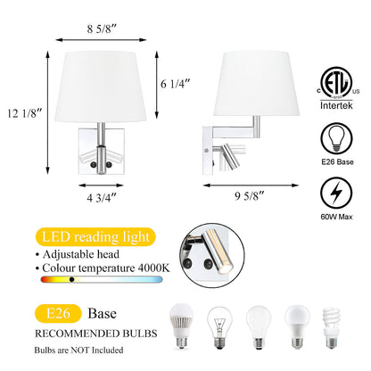 Hardwired Wall Sconce with LED Reading Light, Chrome | Bedroom Wall Lamp XB-W468-LED-CH