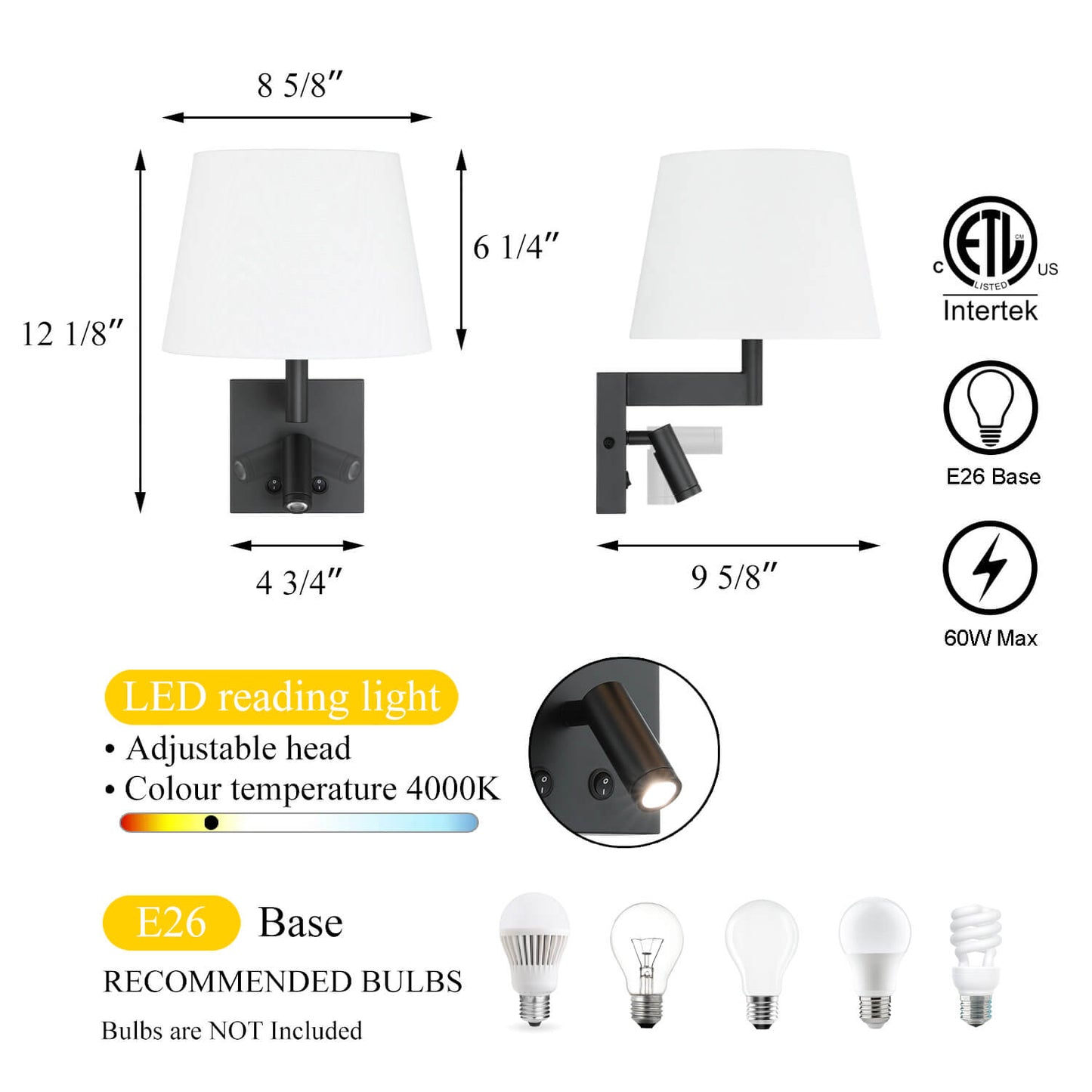 Hardwired Wall Sconce Reading Light with Linen Shade & Switch in Matte Black XB-W468-LED-MB