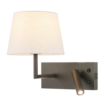 Rotatable Wall Sconce with LED Reading Light and USB Port, Switch and Linen Shade XB-W462-LED-DB