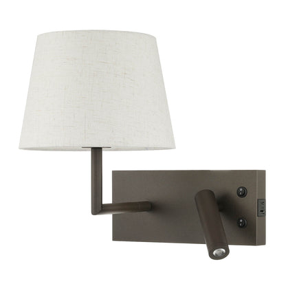 Rotatable Wall Sconce with LED Reading Light and USB Port, Switch and Linen Shade XB-W462-LED-DB