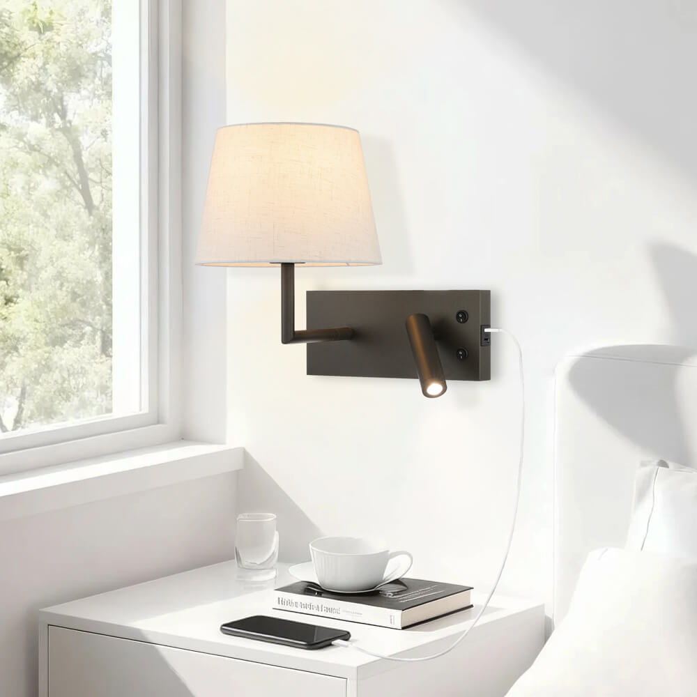 Rotatable Wall Sconce with LED Reading Light and USB Port, Switch and Linen Shade XB-W462-LED-DB