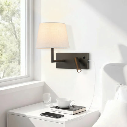 Rotatable Wall Sconce with LED Reading Light and USB Port, Switch and Linen Shade XB-W462-LED-DB