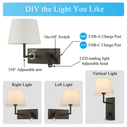 Rotatable Wall Sconce with LED Reading Light and USB Port, Switch and Linen Shade XB-W462-LED-DB