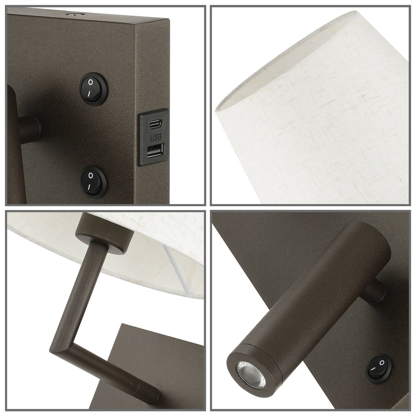 Rotatable Wall Sconce with LED Reading Light and USB Port, Switch and Linen Shade XB-W462-LED-DB