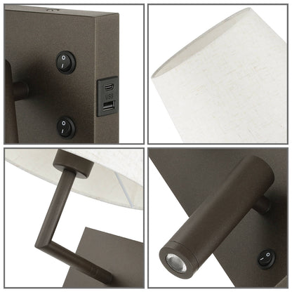 Rotatable Wall Sconce with LED Reading Light and USB Port, Switch and Linen Shade XB-W462-LED-DB