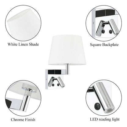 Hardwired Wall Sconce with LED Reading Light, Chrome | Bedroom Wall Lamp XB-W468-LED-CH