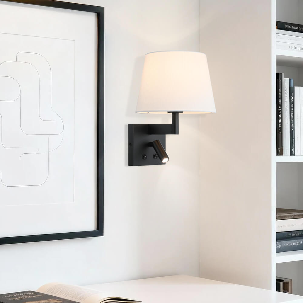 Hardwired Wall Sconce Reading Light with Linen Shade & Switch in Matte Black XB-W468-LED-MB